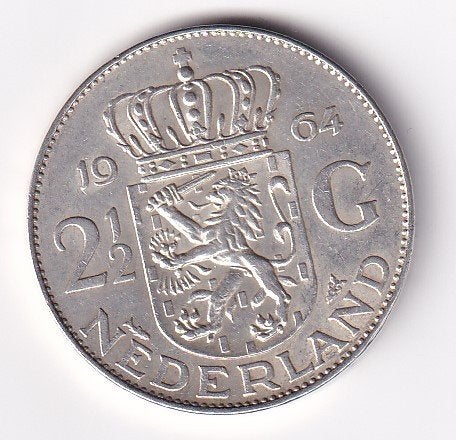 2 1/2 Gulden 1964 met tikje in de rand, Verzenden, Koningin Juliana, 2½ gulden, Zilver