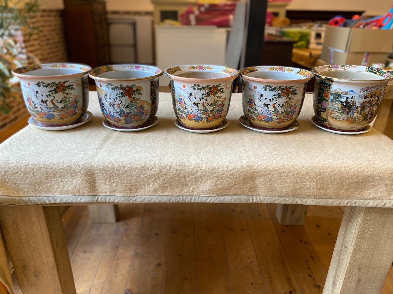 Set van 5 prachtige bloempotten met Aziatische print, Ophalen, Zo goed als nieuw, Steen/keramiek, Meerkleurig
