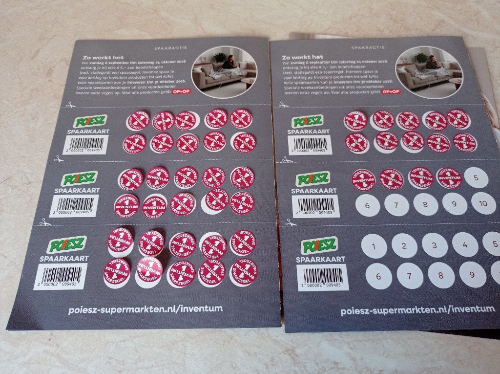 4x Poeisz Inventum spaarkaarten 44 zegels, Verzamelen, Overige supermarkten, Ophalen of Verzenden