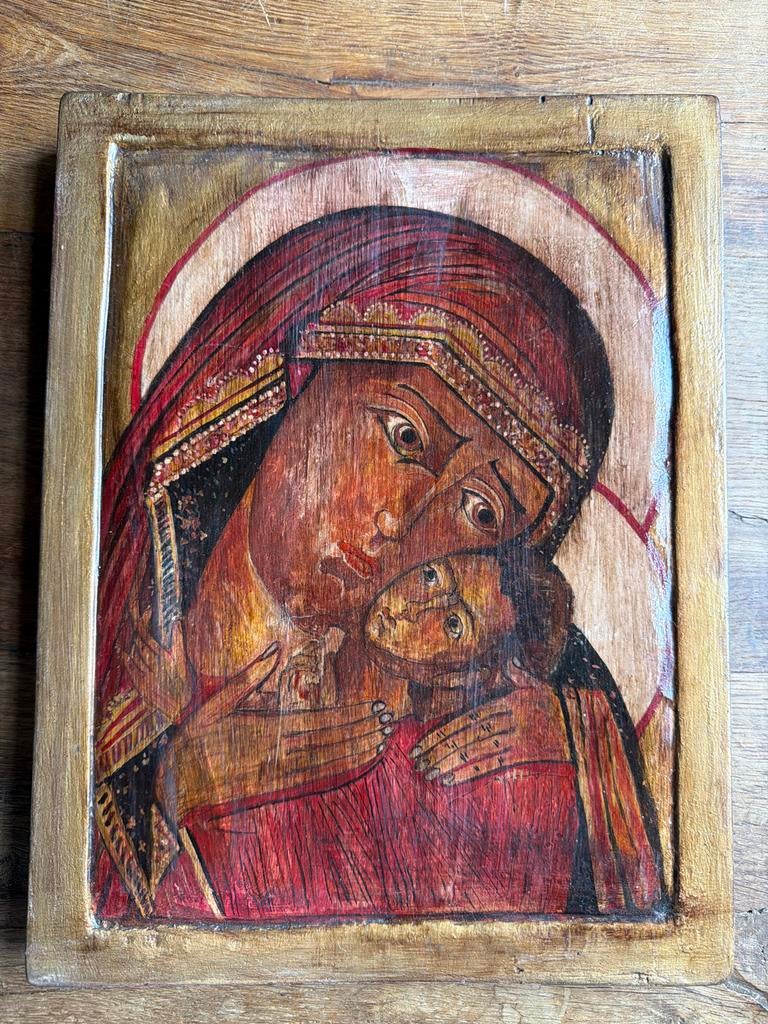 Houten icoon van Maria met kind, Ophalen of Verzenden