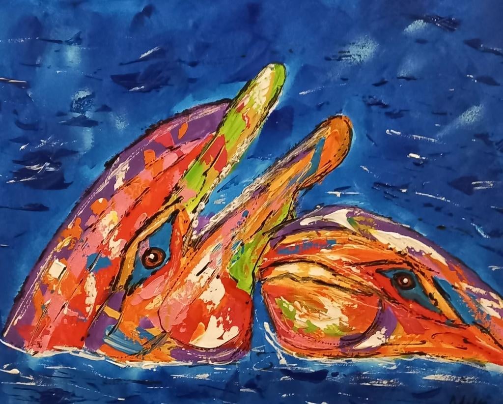 Schilderij kleurrijke dolfijnen, Nieuw, Ophalen of Verzenden, Schilderij, Minder dan 50 cm