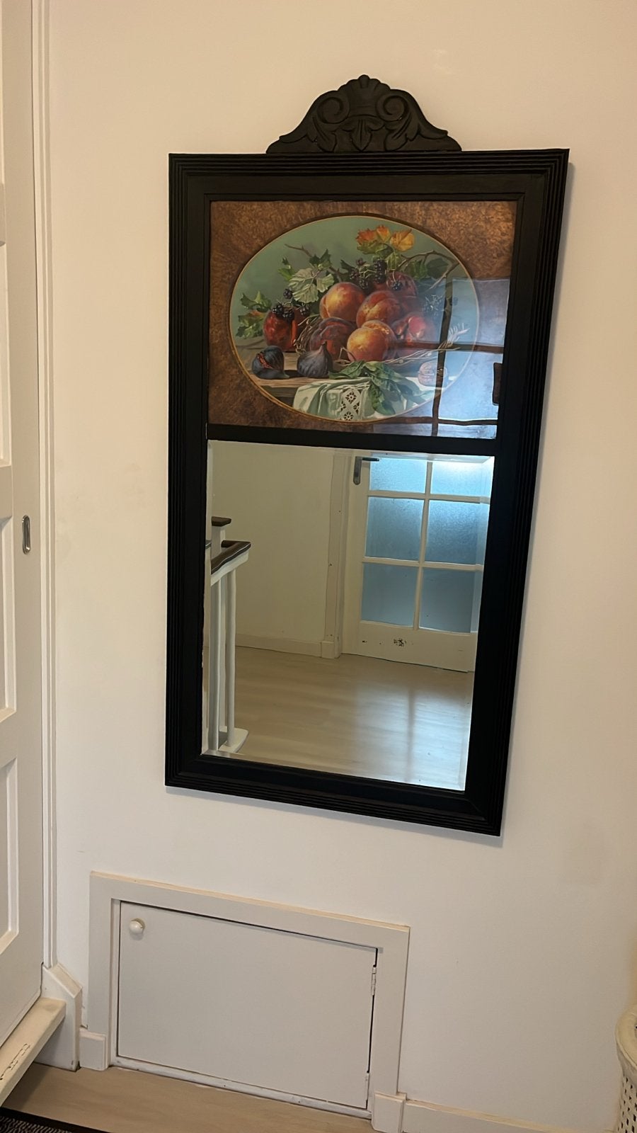 Brocante antieke spiegel met fruitstilleven, Ophalen, Rechthoekig, 100 tot 150 cm, 100 tot 150 cm