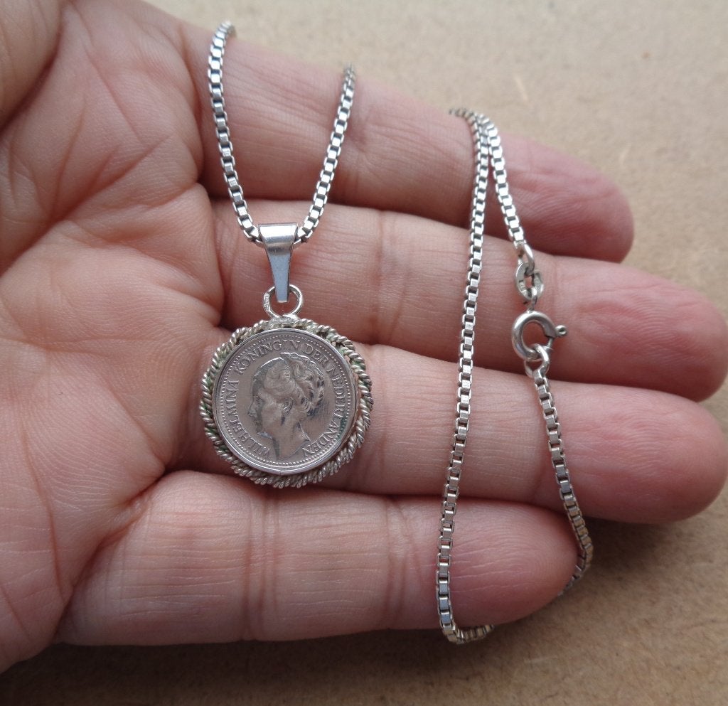 zilveren ketting met Wilhelmina dubbeltje [137], Sieraden, Tassen en Uiterlijk, Antieke sieraden, Verzenden, Zilver, Ketting