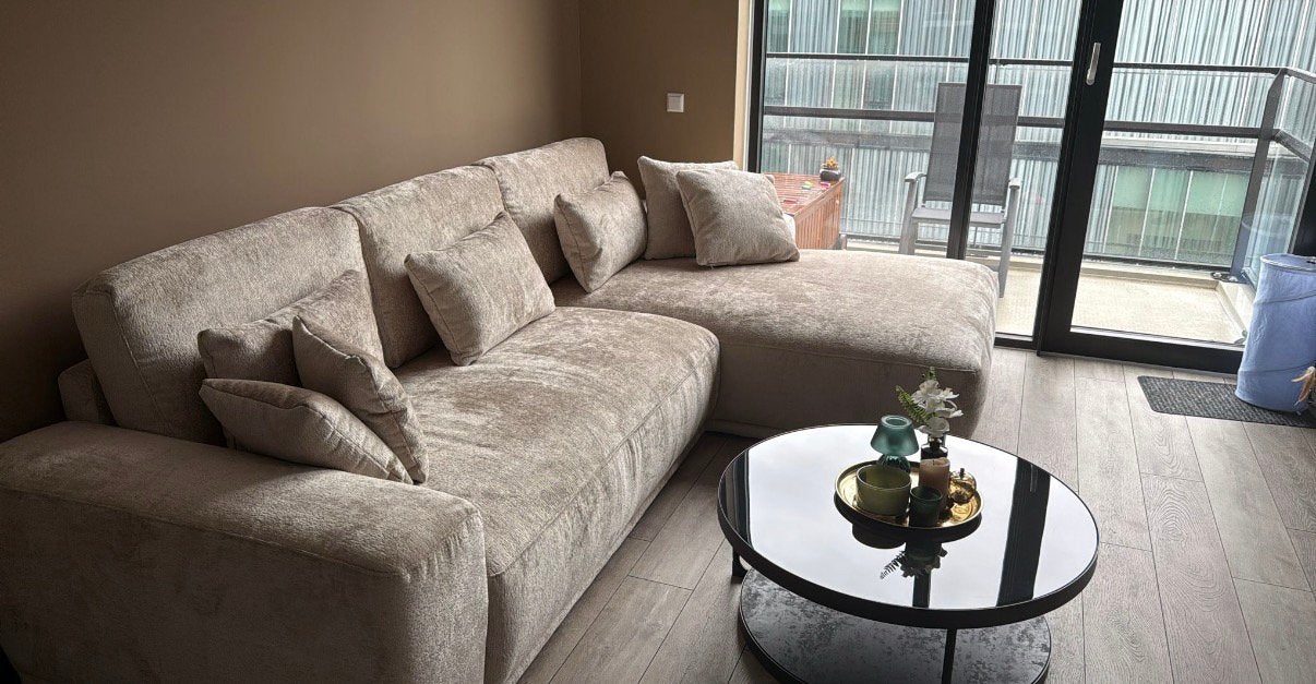 Te koop mooie beige velvet plofbank, Ophalen, Zo goed als nieuw
