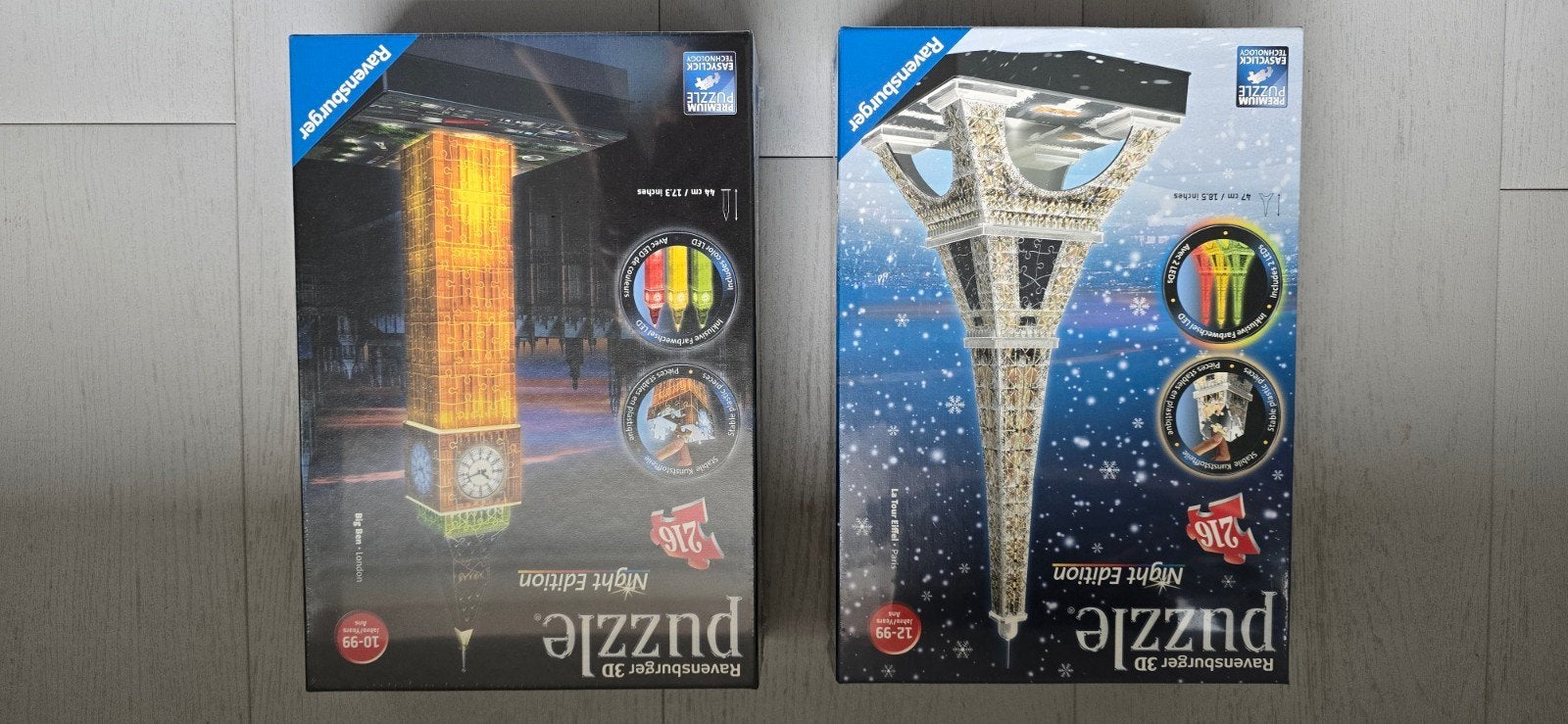 Nieuw: Ravensburger 3D Puzzel: Big Ben & Eiffeltoren Night E, Ophalen of Verzenden, Meer dan 50 stukjes, Gebruikt, 6 jaar of ouder