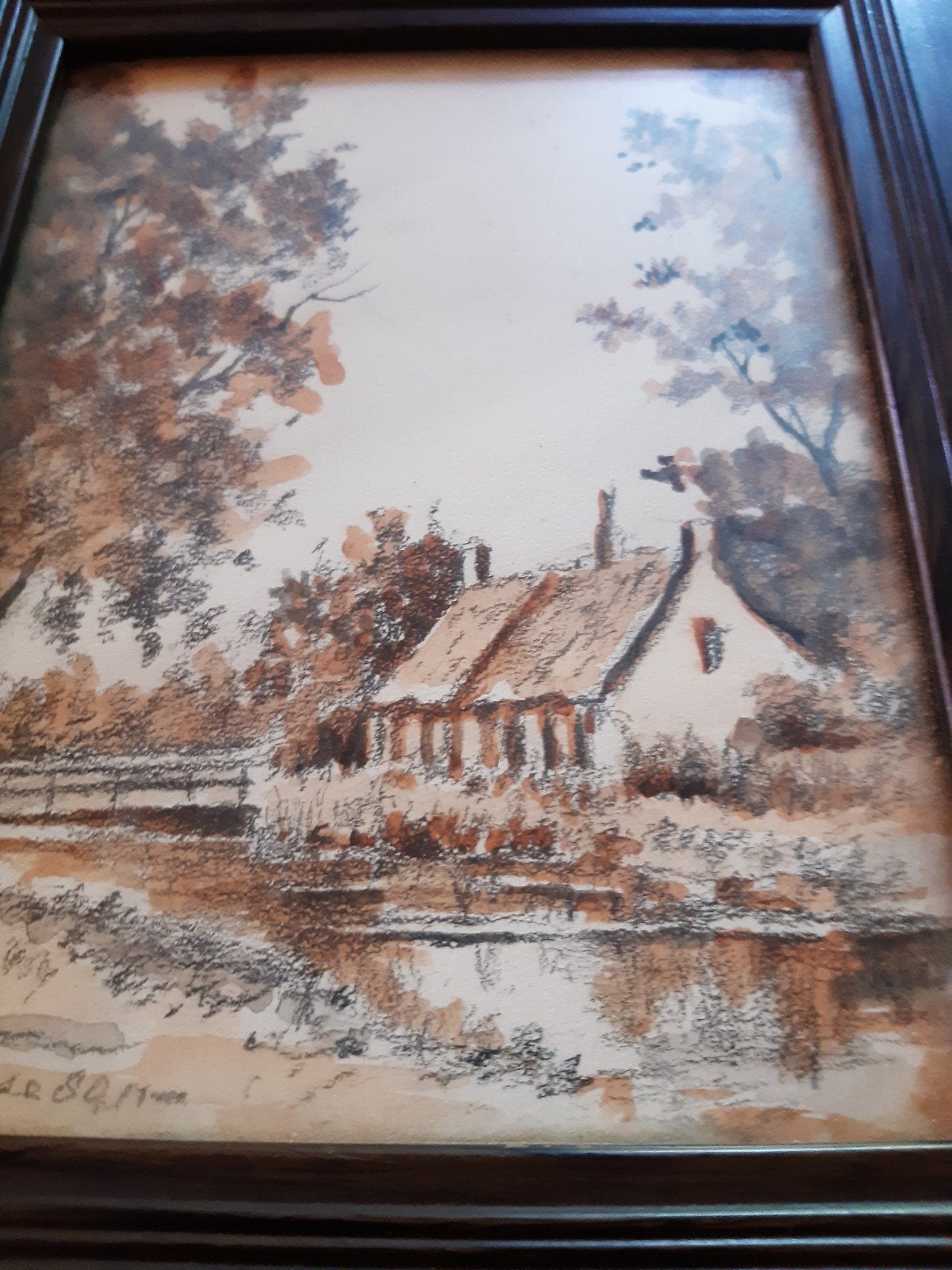 aquarel landschap in houten lijstje, Ophalen of Verzenden