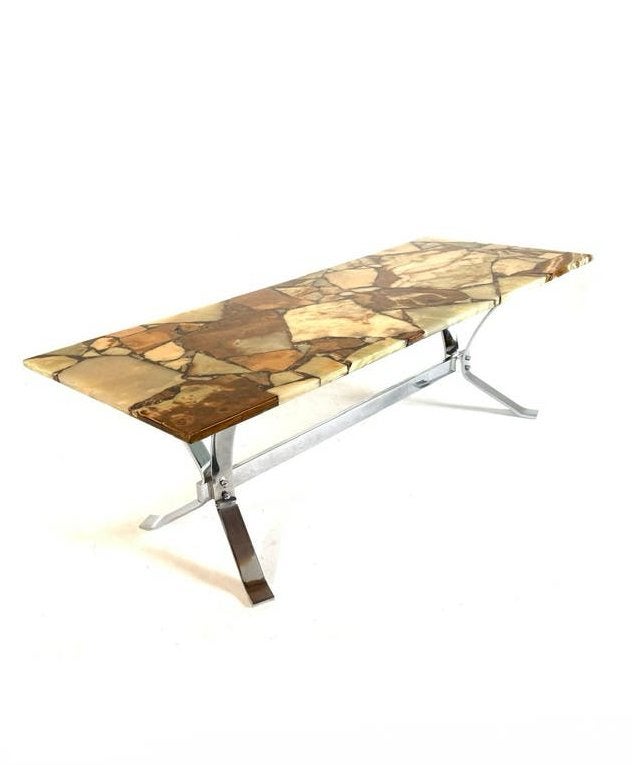 Vintage salontafel Onyx & chroom, Italië  ‘80, Huis en Inrichting, 100 tot 150 cm, Vintage retro buisframe design rotan webbing papercord deens