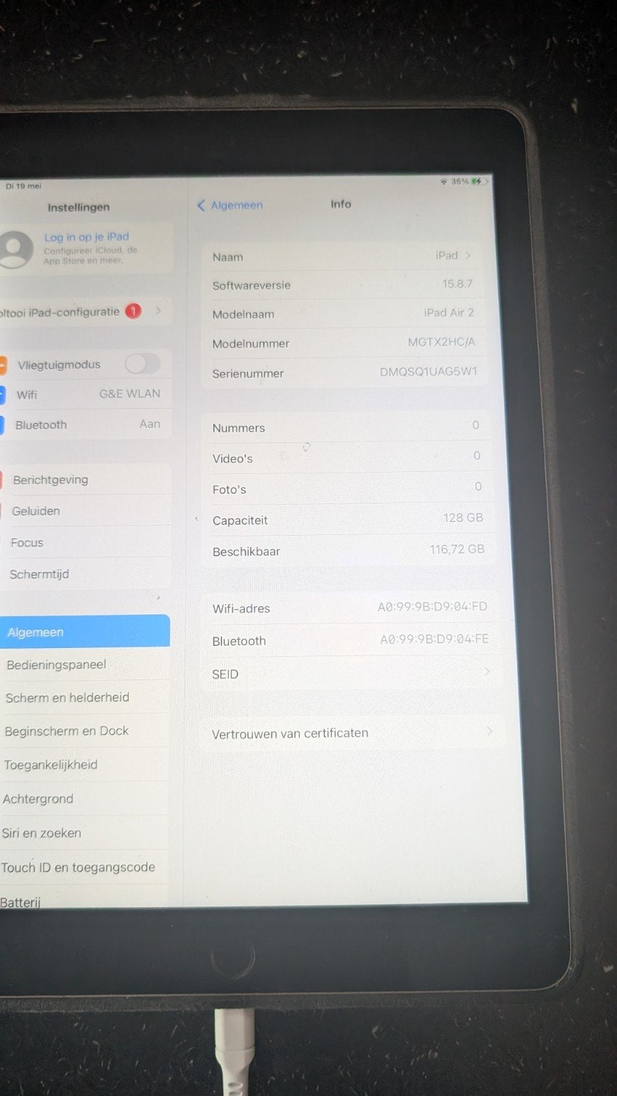 iPad Air 2 128GB met kabel, Computers en Software, Apple iPads, Ophalen, 10 inch, Apple iPad Air