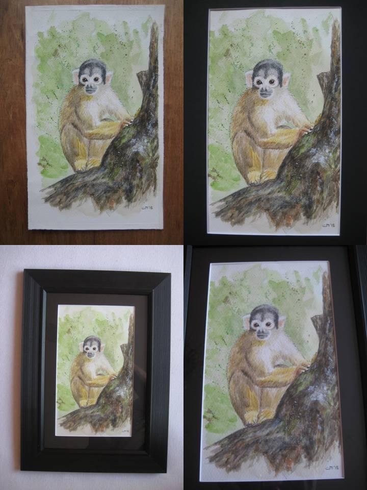 Aquarel Doodshoofd-aapje met passe-partout en lijst, Ophalen, Minder dan 50 cm, Oorspronkelijke maker, Nieuw