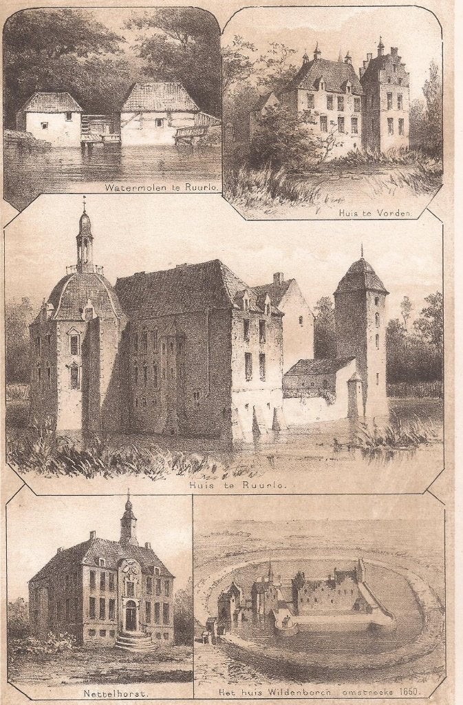 Watermolen Ruurlo Huis Vorden Huis Ruurlo Nettelhorst litho, Ophalen of Verzenden, Blanco verso, 14 cm, Landschap
