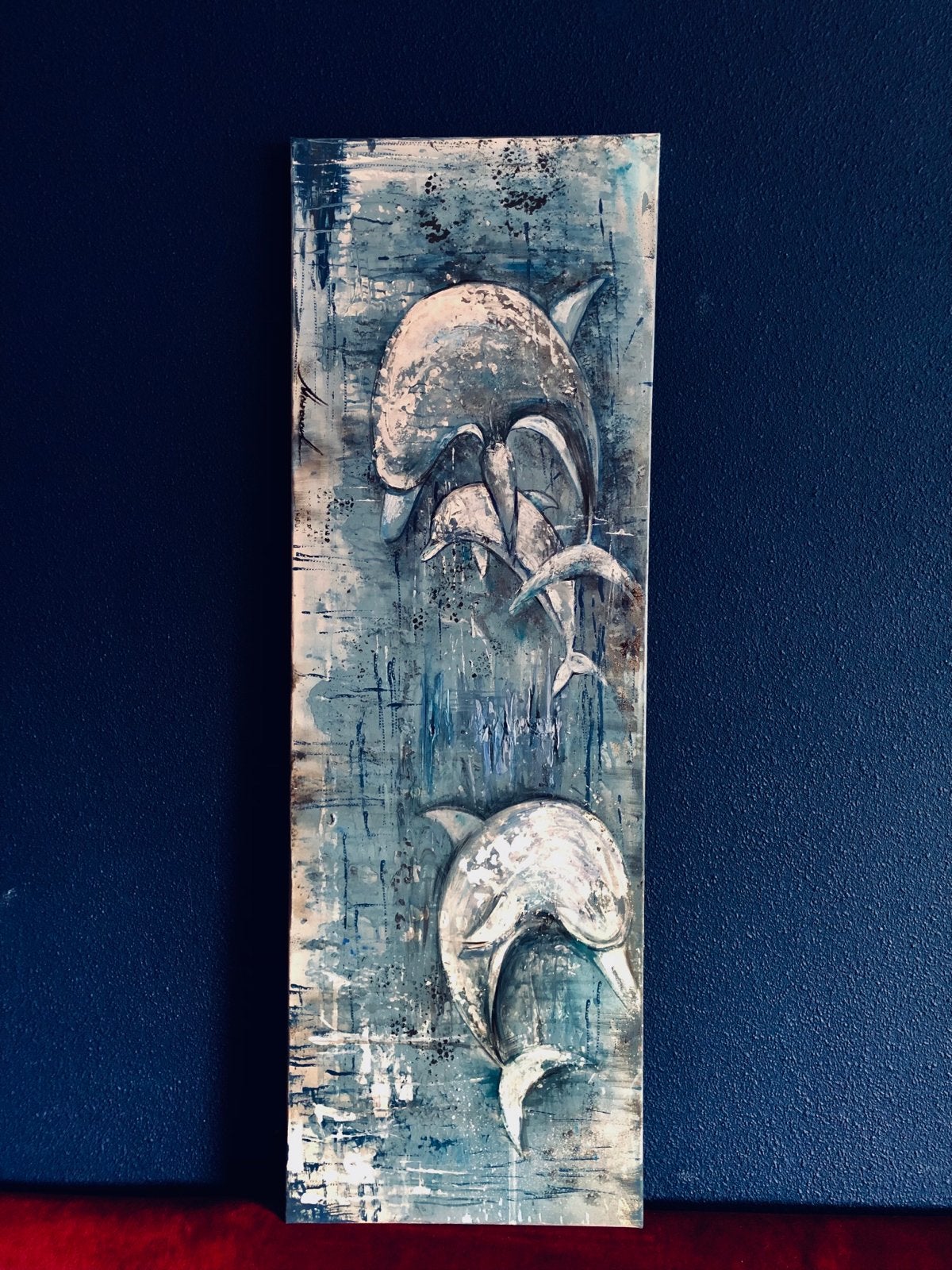 Groot abstract schilderij dolfijnen op canvas 120-40, Ophalen of Verzenden