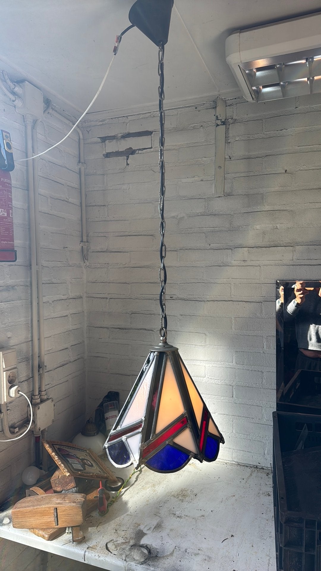 Mooie oude glas in lood hanglamp lengte 95 cm, Ophalen of Verzenden