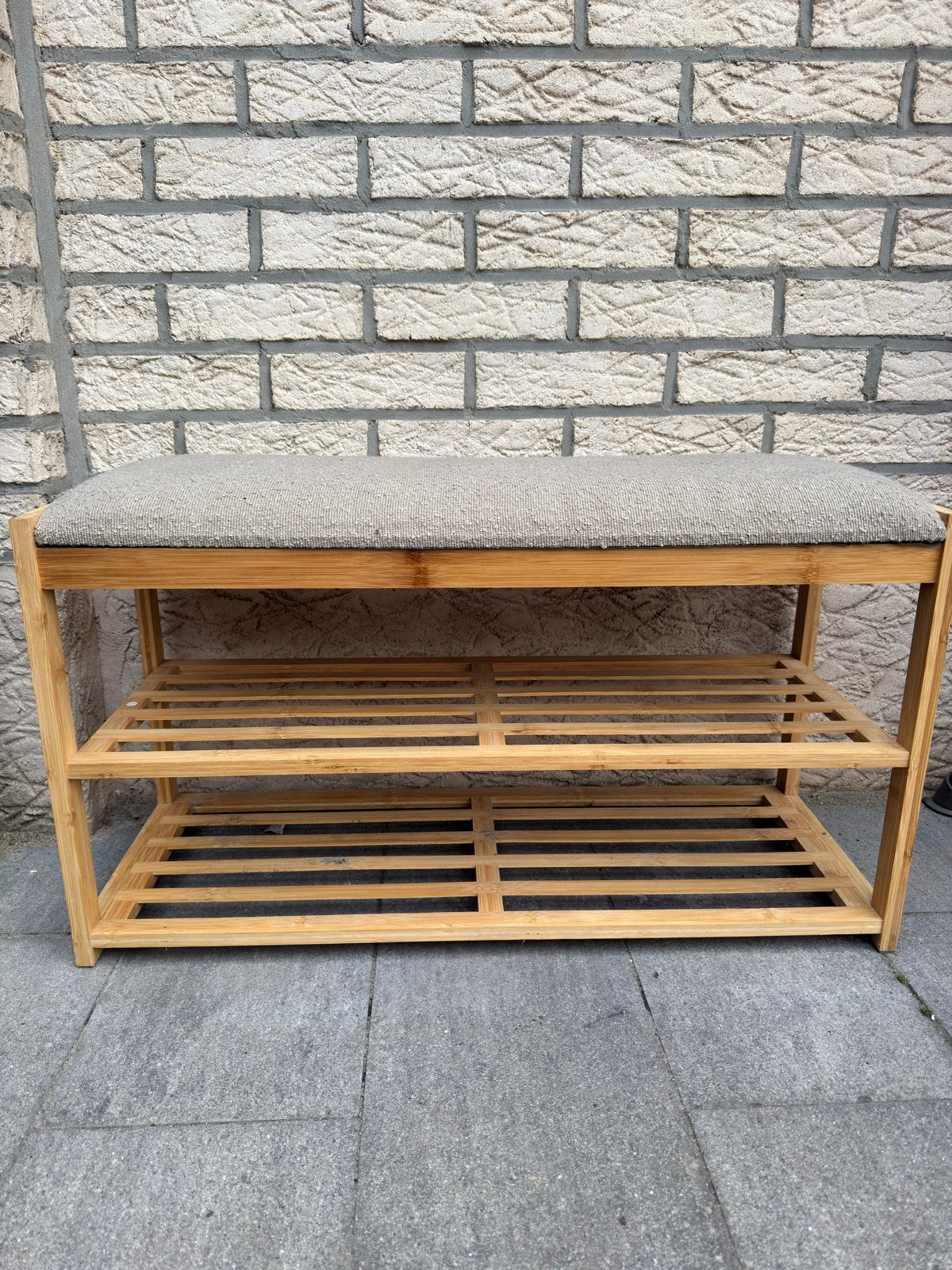 Bamboe schoenenrekje met stoffen bovenkant - 80x30x44 cm, Ophalen, Zo goed als nieuw