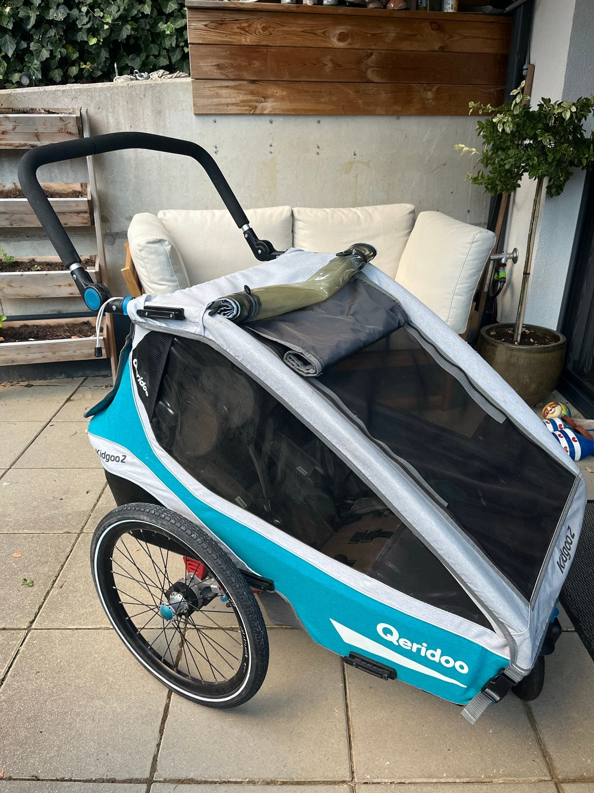 Qeridoo Kidgoo 2 fietskar en kinderwagen, Gebruikt, Duowagen, Combiwagen, Ophalen