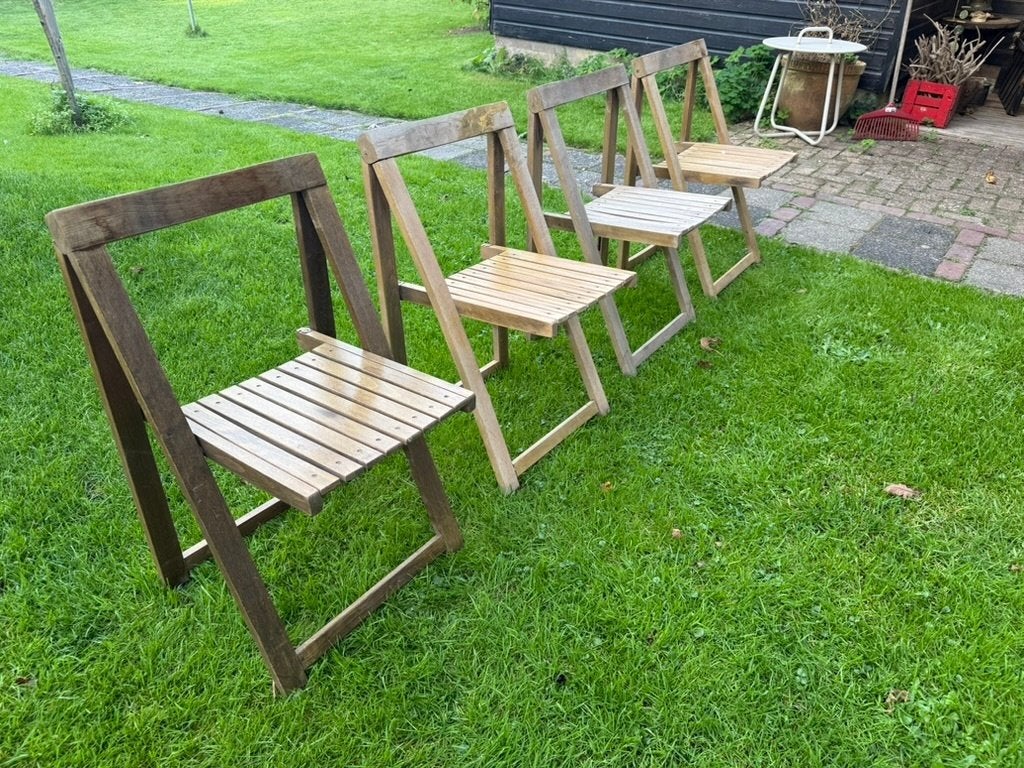 Vintage : 4 st  :Trieste - Aldo Jacober - prijs verlaagd, Huis en Inrichting, Ophalen, Gebruikt, Bruin, Vintage : Folding slat chairs - Trieste - Aldo Jacober