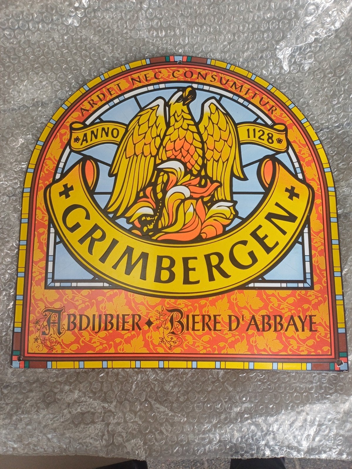 Grimbergen Abdijbier Emaille Reclamebord 40x40 versie, Ophalen of Verzenden, Gebruikt, Reclamebord, Plaat of Schild, Overige merken