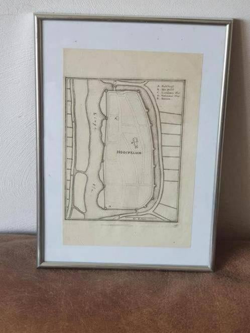 Originele Gravure plattegrond Heukelom Caspar Merian, 1670, Antiek en Kunst, Kunst | Etsen en Gravures, Ophalen