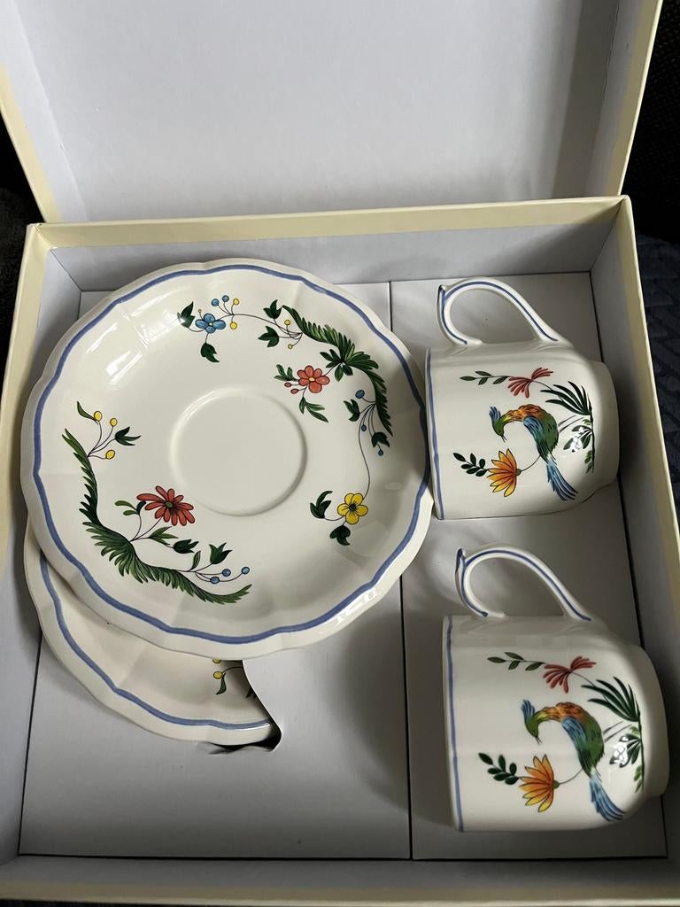 Gien France doos set 2 kop met schotels Oiseaux de Paradis, Nieuw, Ophalen of Verzenden, Overige stijlen, Kop(pen) en/of Schotel(s)