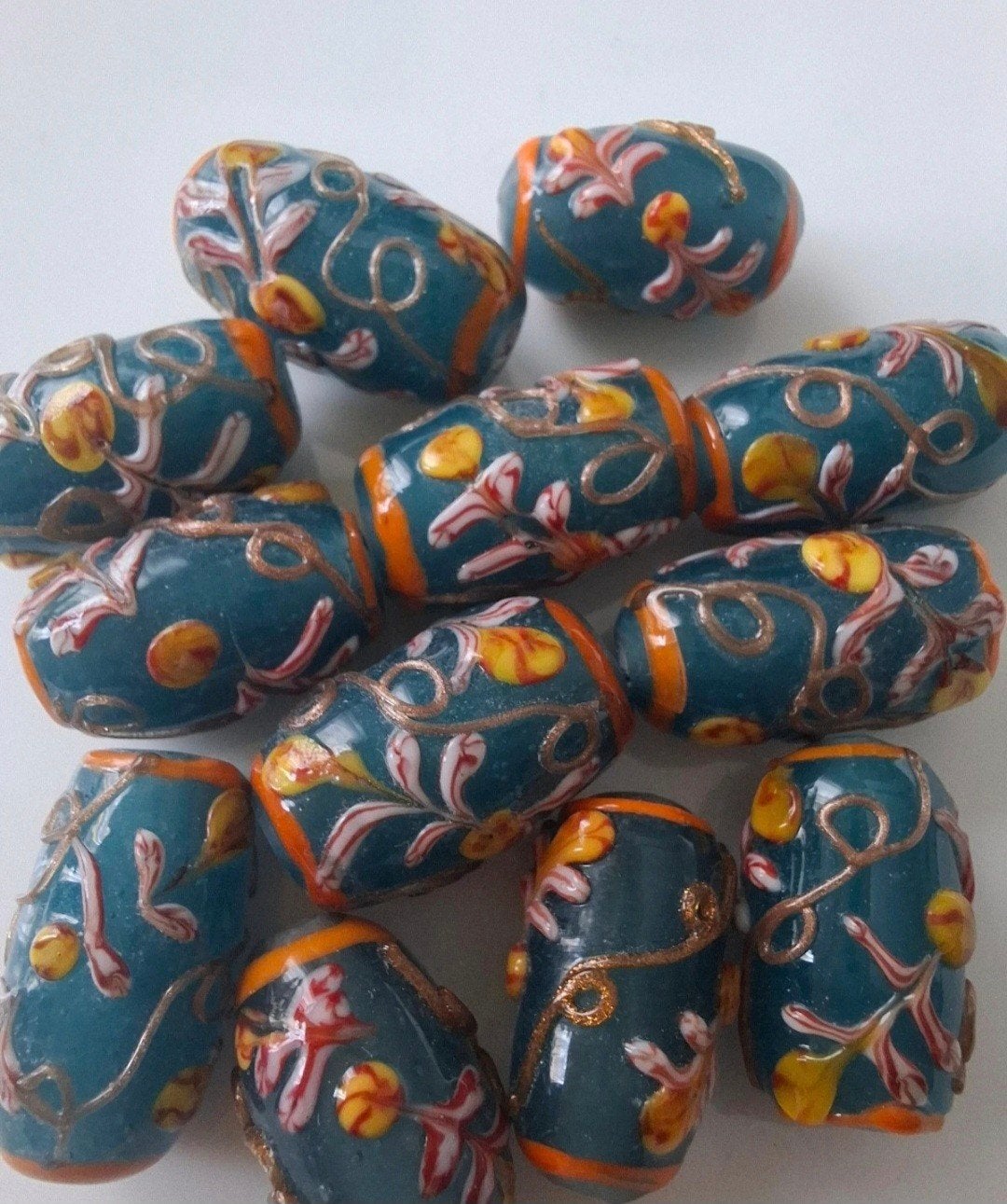 12 stuks lampwork glaskralen blauw roze bloem kralen, Kraal, -, -, Nieuw