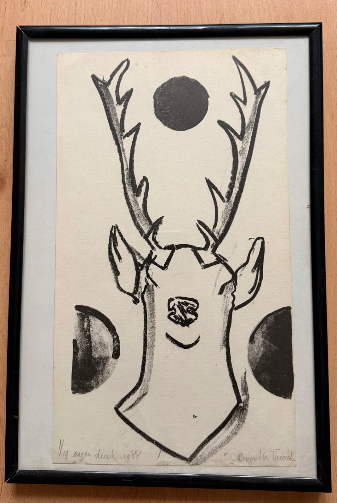 Hert met gewei - Birgitta Vereecken (1988), Antiek en Kunst, Overige technieken, Ophalen of Verzenden, Flora en Fauna, 1950 - 1999