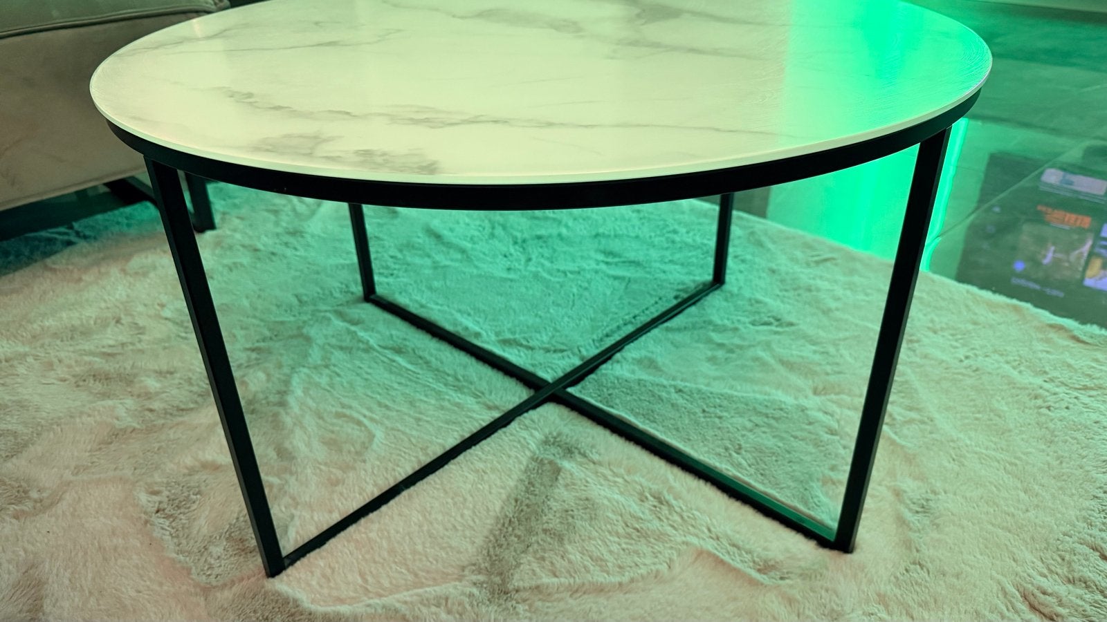 Salontafel glas en onderstel zwart ijzeren, Ophalen, 50 tot 100 cm, Rond, 50 tot 100 cm