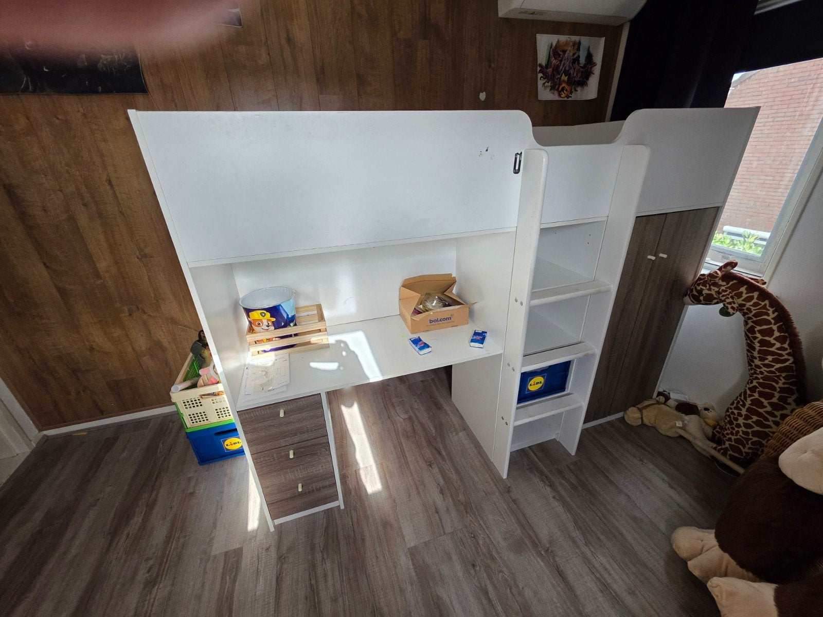 Hoogslaper met bureau, kast en opbergruimte - Wit/Hout, Huis en Inrichting, Gebruikt, 90 cm, Eenpersoons, Minder dan 160 cm