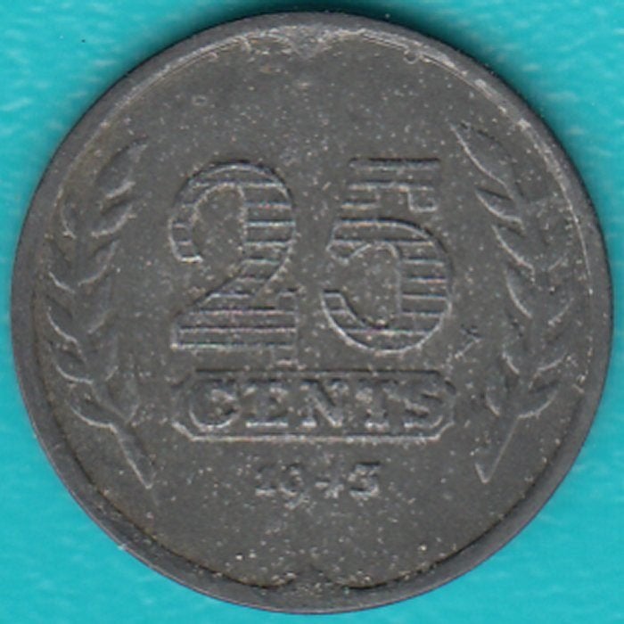 Nederland 25 cent 1943 Wilhelmina zink, Sch. 1030, Ophalen of Verzenden, Koningin Wilhelmina, 25 cent, Losse munt