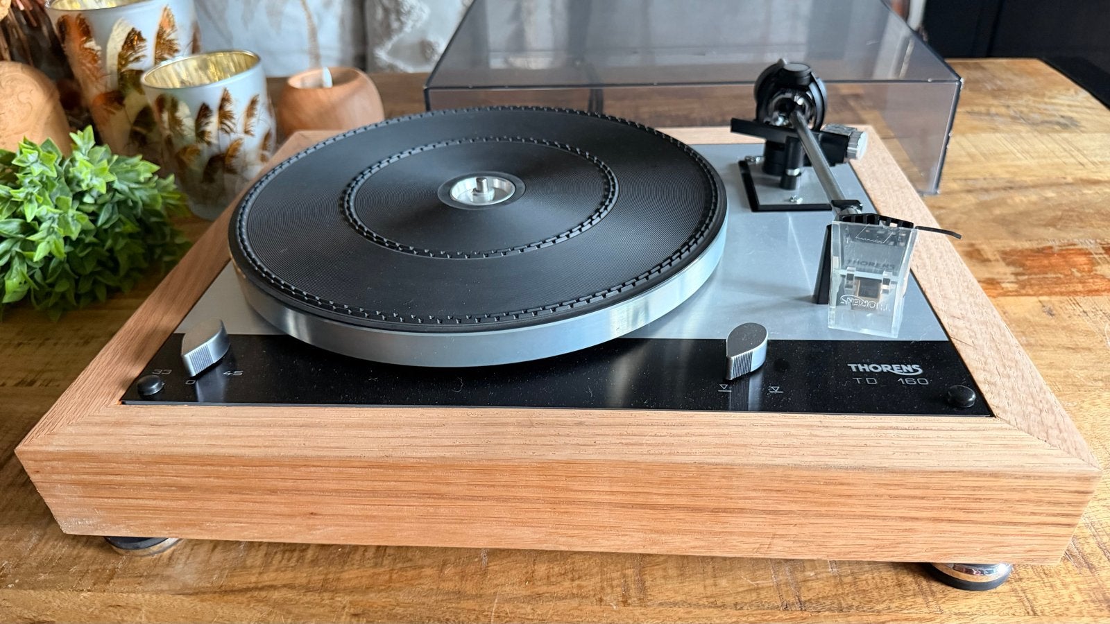 Thorens TD 160 met nieuwe eiken plint, Ophalen of Verzenden, Gebruikt, Platenspeler, Thorens