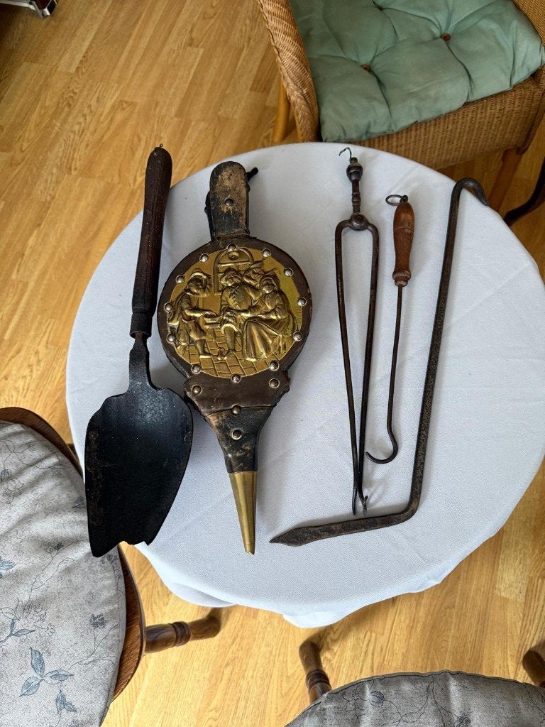 Antieke/vintage haardset met houten blaasbalg – 5-delig, Ophalen, Gebruikt, Vrijstaande haard, Houthaard