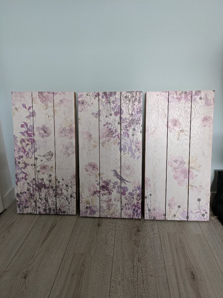 Houten drieluik wanddecoratie- Bloemen & Vogels(3x 30x60cm), Ophalen, Schilderij, Hout, 60 cm