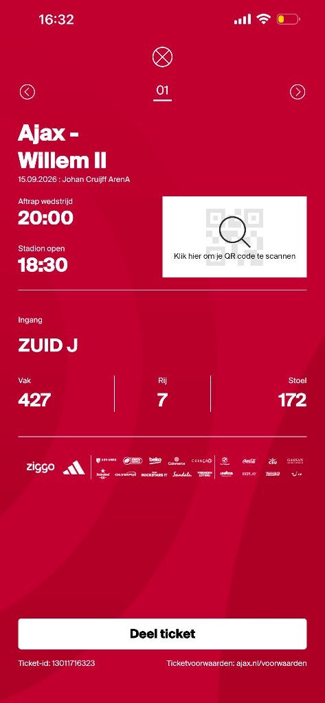 Ajax Willem 2, 1 ticket boven F-side, Losse kaart, Eén persoon, September