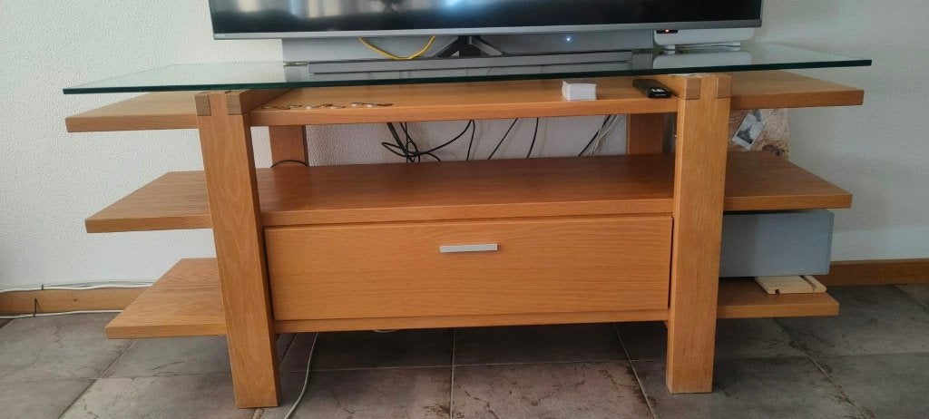 TV-meubel met glazen blad, Ophalen, Eikenhout, 150 tot 200 cm, Minder dan 100 cm