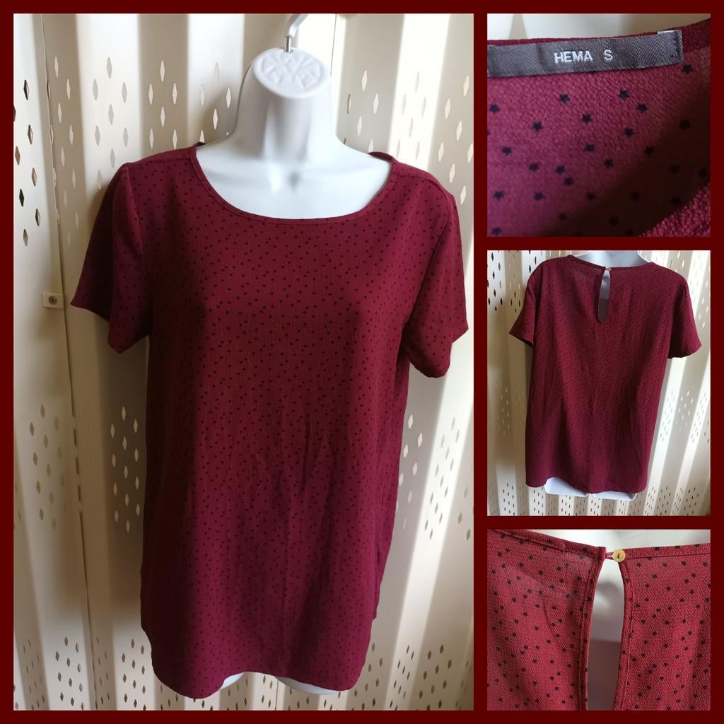Hema damesblouse bordeauxrood zwarte stippen S, Kleding | Dames, Blouses en Tunieken, Ophalen of Verzenden, Maat 36 (S), Gedragen