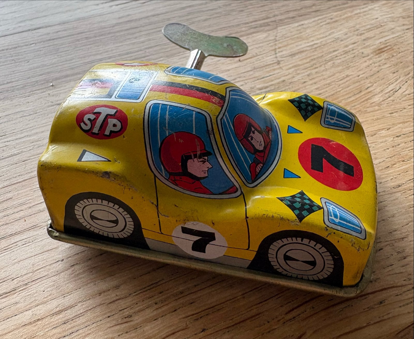Vintage blikken opwindauto - Gele raceauto met nummer 7, Ophalen of Verzenden, Gebruikt