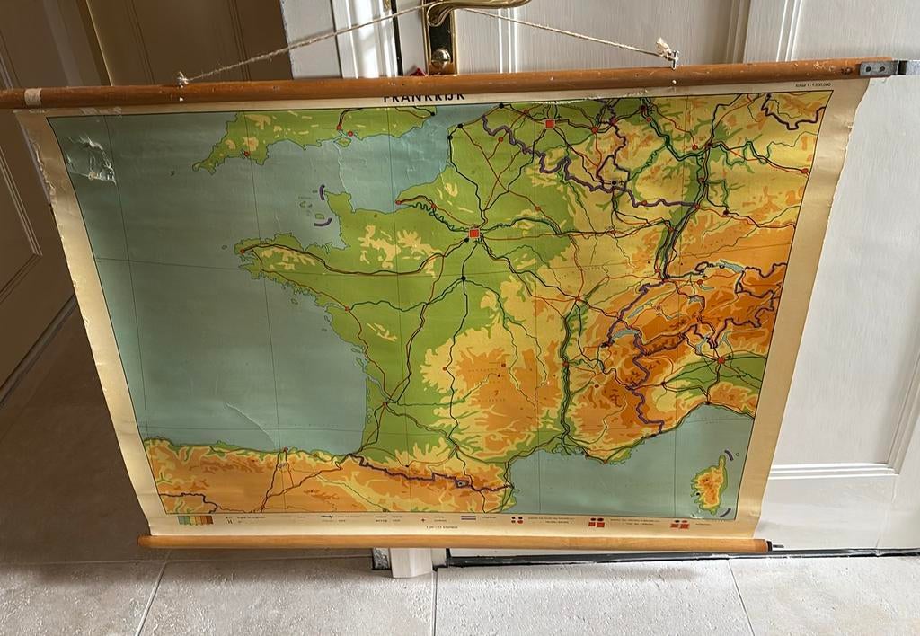 Vintage Schoolkaart Frankrijk - Fysieke kaart 110x80cm, Antiek en Kunst, Antiek | Schoolplaten, Ophalen of Verzenden, Aardrijkskunde