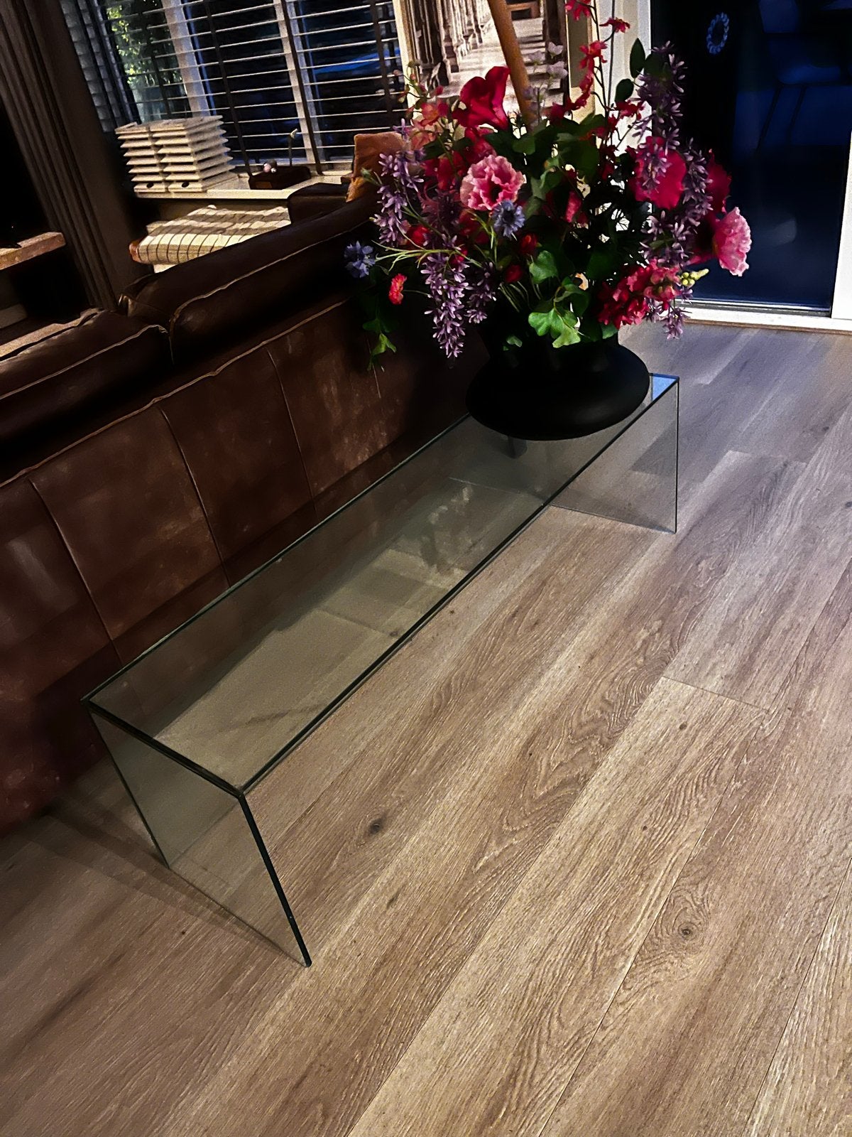 Glazen bijzettafel/bankje met lichte beschadiging, Ophalen, Minder dan 45 cm, Gebruikt, Glas