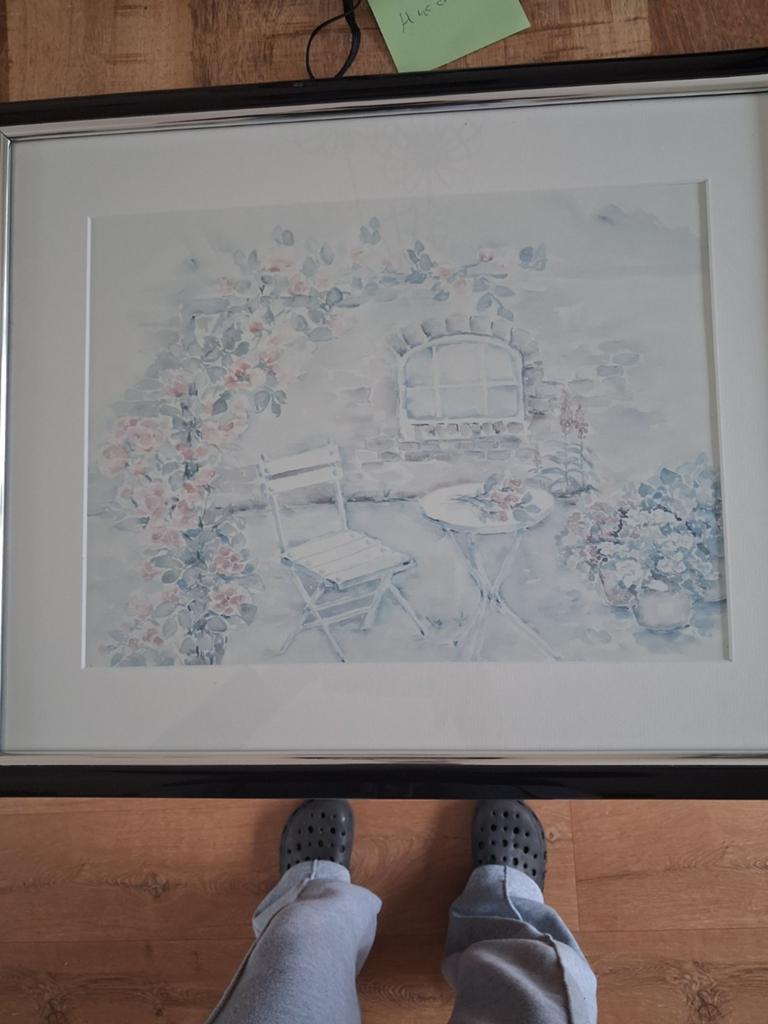 Ingelijste aquarel: Romantische bloemen en terras, Ophalen