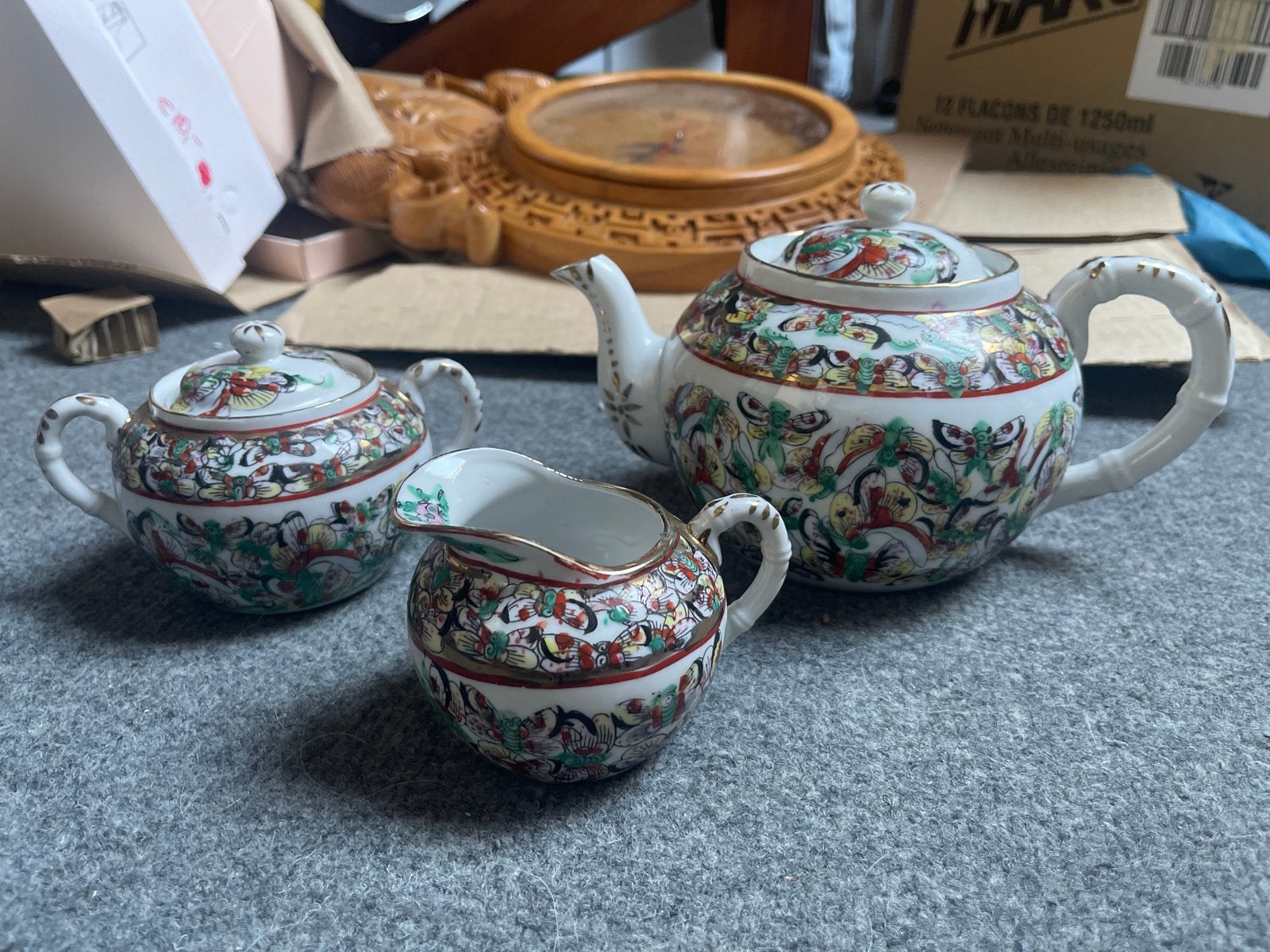 Vintage Chinees theeservies - theepot, suikerpot, melkkan, Antiek en Kunst, Antiek | Porselein, Ophalen of Verzenden