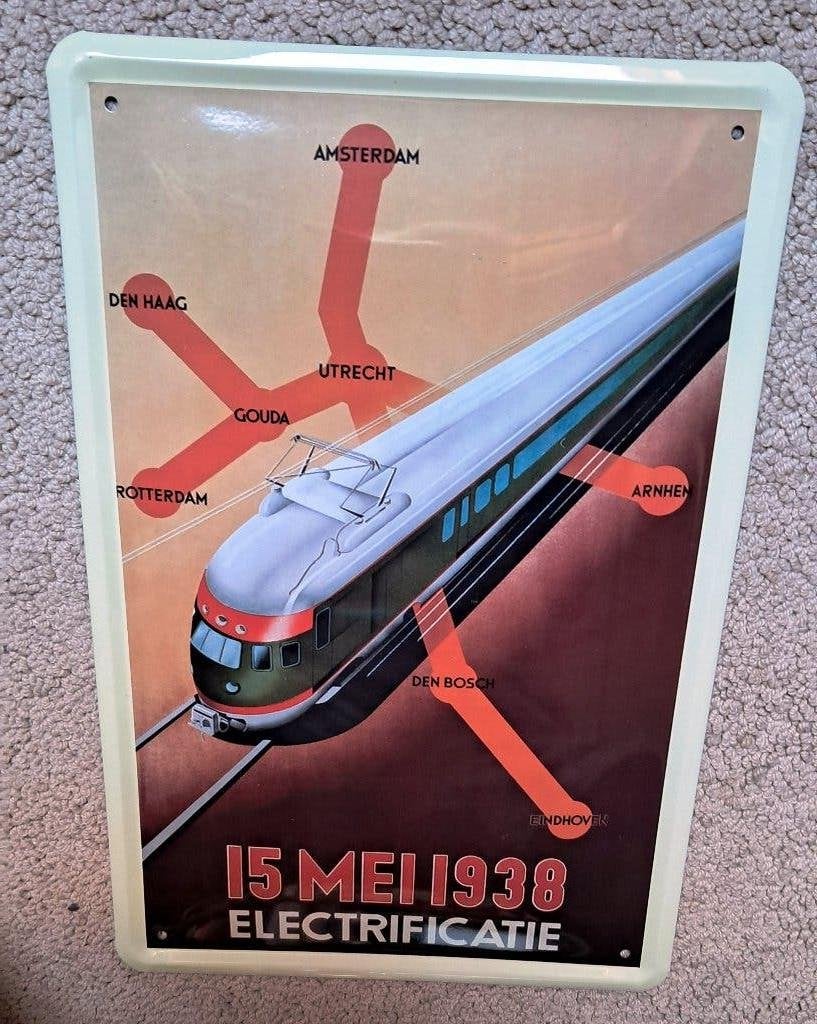 Spoor NS repro reclamebordje elektrificatie 1938 spoorwegen, Verzamelen, Spoorwegen en Tramwegen, Ophalen of Verzenden, Nieuw