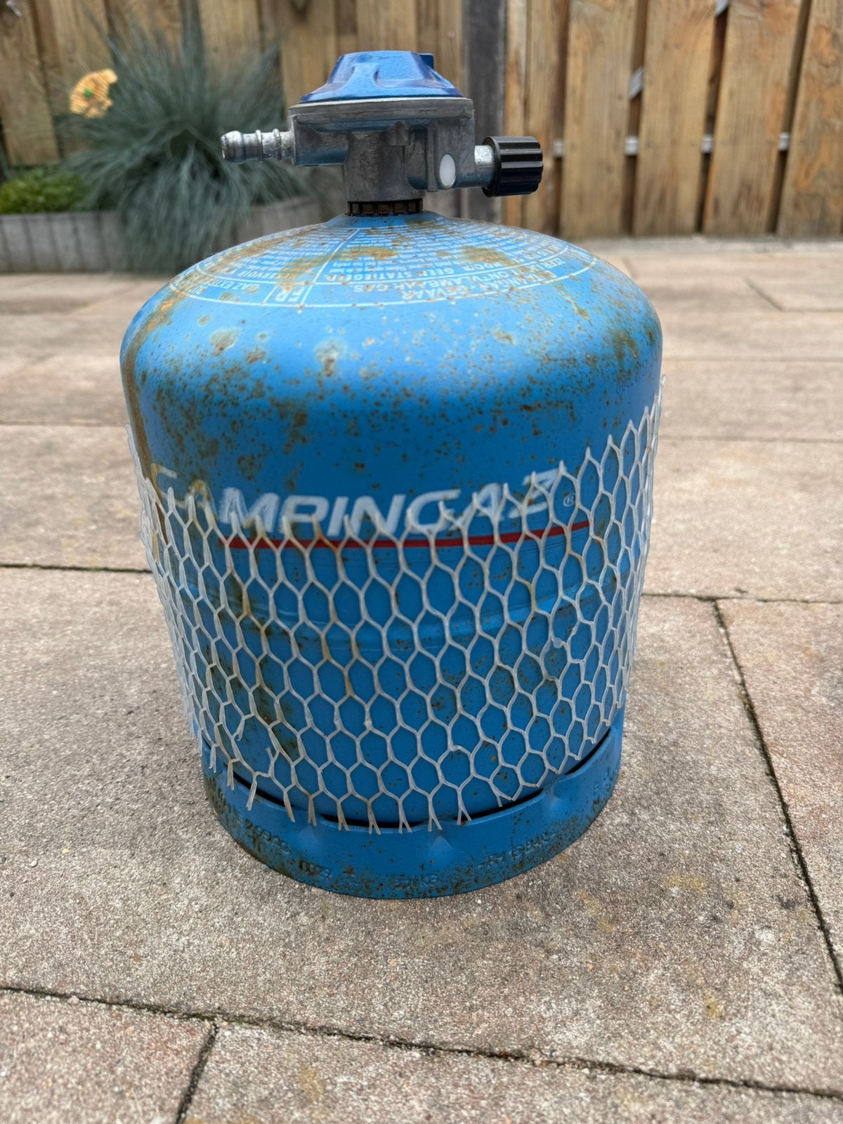 Campingaz gasfles 907 met Gimeg drukregelaar, Ophalen, Gebruikt