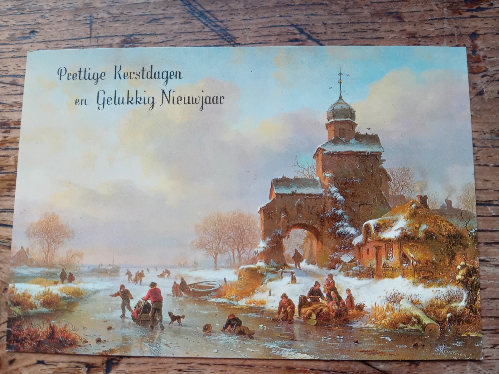Oude Kerstkaart: Winterlandschap met schaatsers, Verzamelen, Ophalen of Verzenden, Voor 1920, Gelopen, Seizoenen