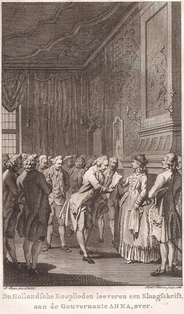 De Hollandsche Kooplieden leeveren een Klaagschrift aan Anna, Origineel, Ophalen of Verzenden, Gravure, 15 cm
