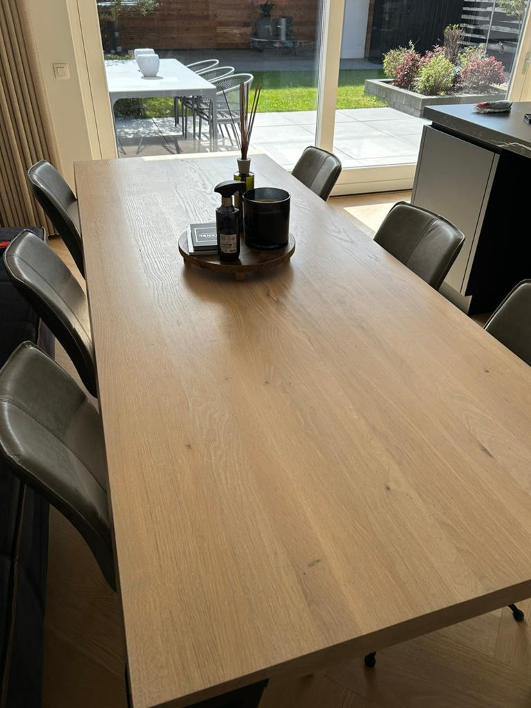 Bert Plantage grote eettafel + 6 leren eetstoelen, Eikenhout, Rechthoekig, Nieuw, 200 cm of meer
