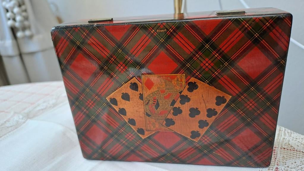 Victoriaans Mauchline Stuart tartan ware playing card box, Antiek en Kunst, Verzenden