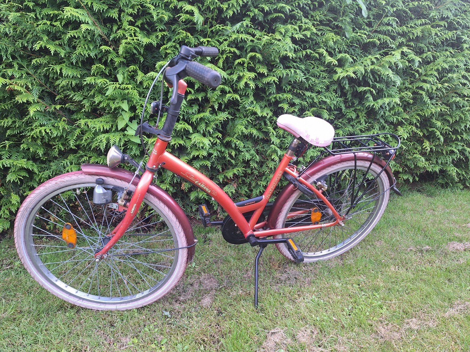 Mooie rode fiets met bagagedrager, Fietsen en Brommers, Fietsen | Dames | Damesfietsen, Ophalen, Gebruikt, Terugtraprem