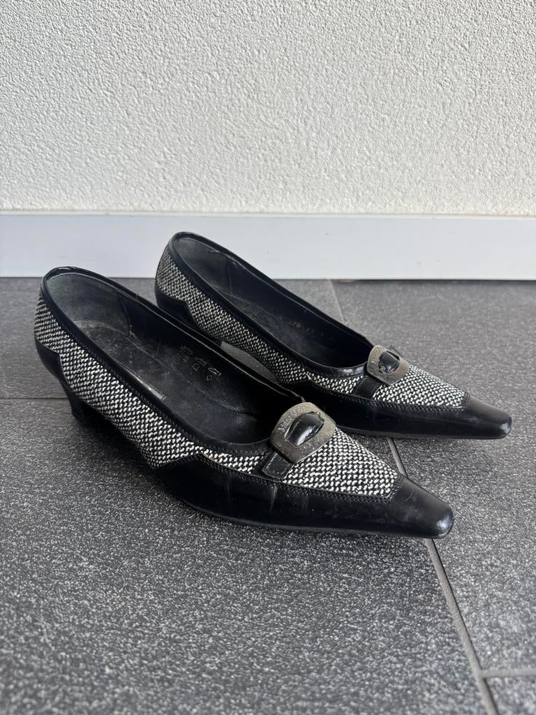 Vintage Y2K zwarte tweed leren kitten heel sandalen, Vintage, Vintage, Zo goed als nieuw, Vintage