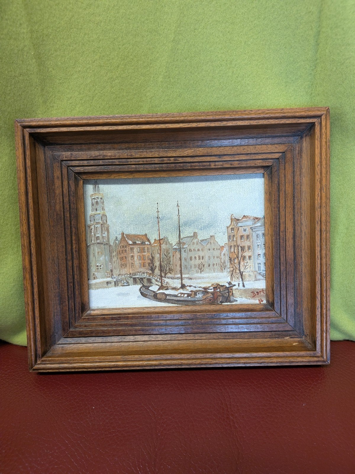 Schilderij Stadsgezicht Winter met Boot  Gesigneerd Bart '86, Doek, Realistisch, Ophalen of Verzenden, Stads- / dorpsgezicht
