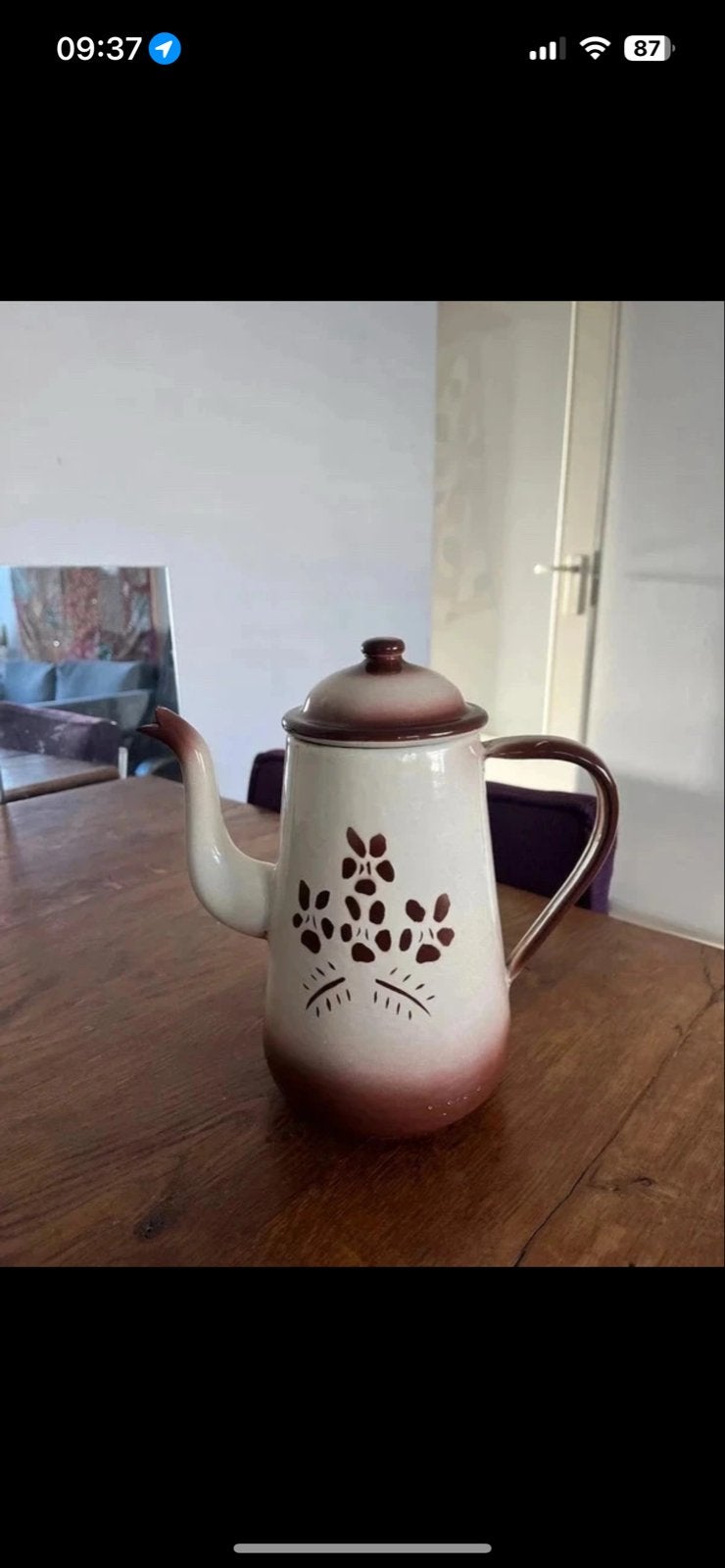 Vintage geëmailleerde theepot - Brocante keuken decoratie, Ophalen of Verzenden