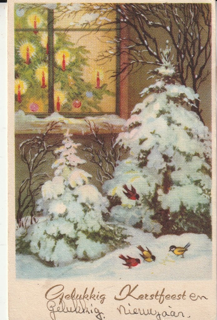 Vintage Kerstkaart 1958: Sneeuwlandschap met vogels, Ophalen of Verzenden, 1940 tot 1960, Gelopen, Seizoenen