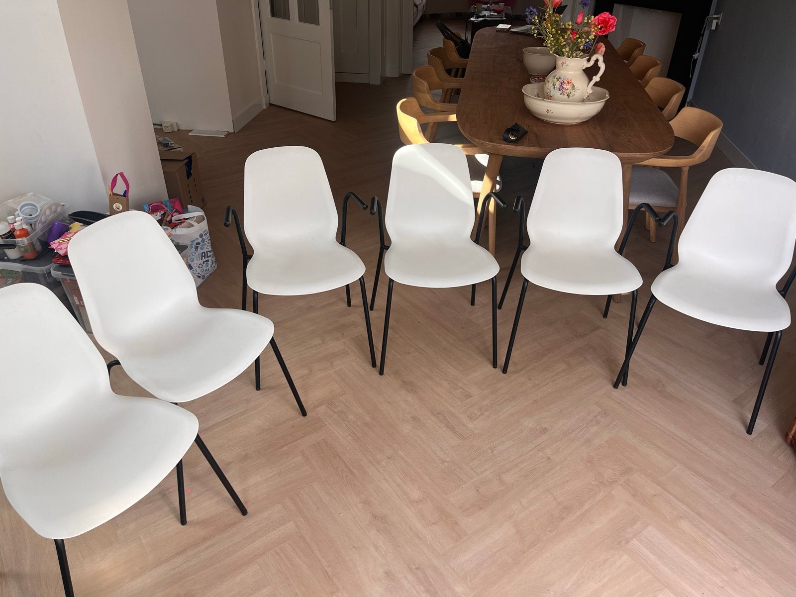 Set van 6 witte stoelen met metalen onderstel IKEA Leifarne, Ophalen, Kunststof, Gebruikt, Wit
